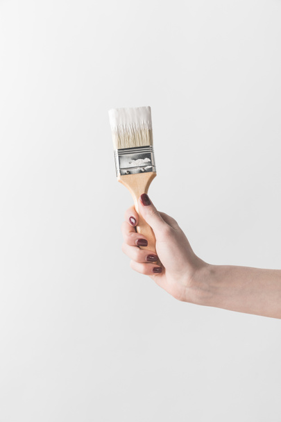 cropped image of woman holding brush in white paint isolated on white - Фото, зображення