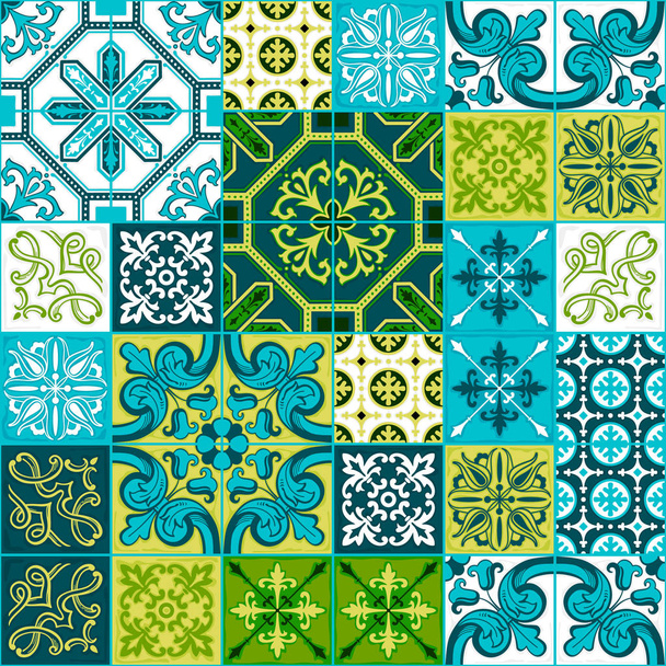 Kleurrijke naadloze patroon lappendeken. Traditionele Portugese, Marokkaanse sieraad, geschilderd azulejo tegel. - Vector, afbeelding