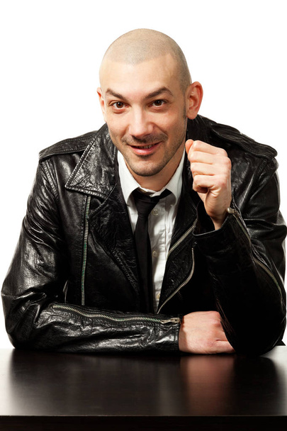 portrait of man with black leather jacket, isolated on white background  - Φωτογραφία, εικόνα