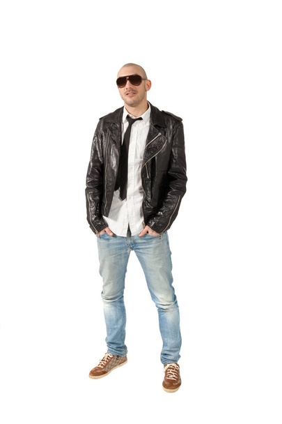portrait of man with black leather jacket, isolated on white background - Photo, image