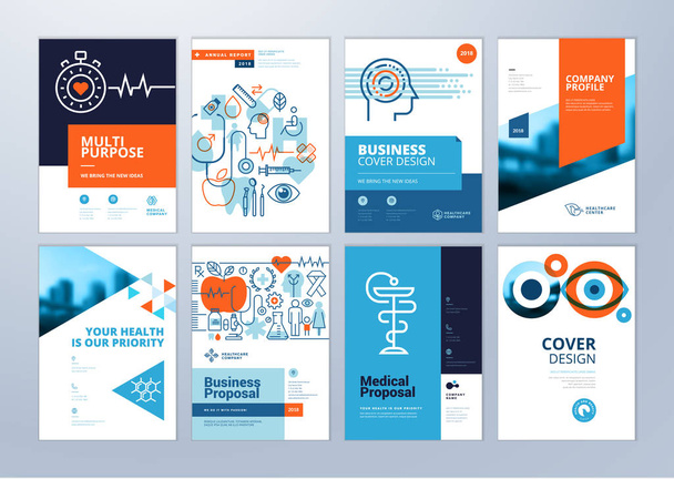 Set of medical brochure, annual report, flyer design templates in A4 size. Vector illustrations for medical, healthcare, pharmacy presentation, document cover and layout template designs. - Vector, Image