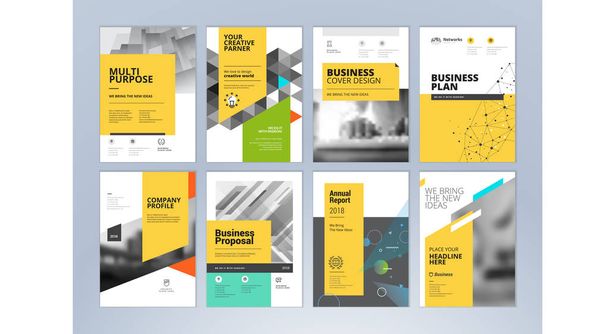 Set of business brochure, annual report, flyer design templates in A4 size. Vector illustrations for business presentation, business paper, corporate document cover and layout template designs. - Vector, Image