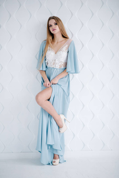 Beautiful young woman with make up  in blue dress posing in studio - Фото, зображення