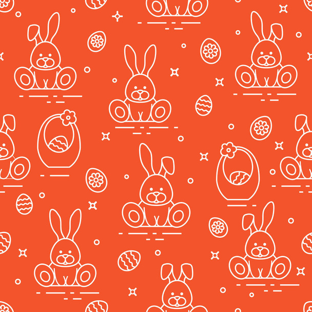 Seamless pattern with Easter symbols. Rabbits, eggs, baskets of decorated eggs.  - Vector, imagen