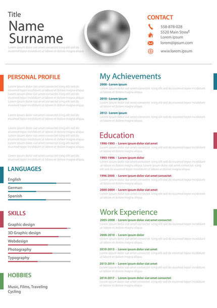 Professionele persoonlijke CV cv met gekleurde bladwijzers op witte achtergrond - Vector, afbeelding