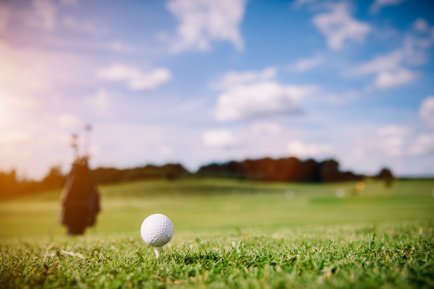 Yeşil çimenlerin üzerinde beyaz golf topu. Golf Sahası. Yaz lüks aktiviteleri. - Fotoğraf, Görsel