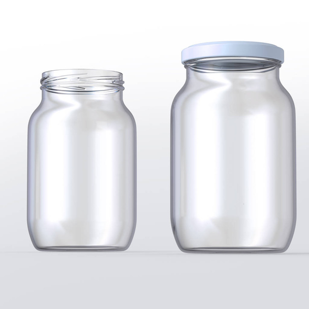 Empty glass jar isolated on white background. 3d render - Foto, afbeelding