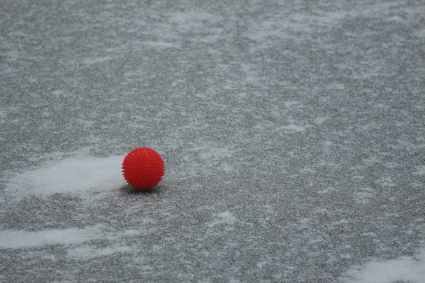Kış yolda dikenli kırmızı top - Fotoğraf, Görsel