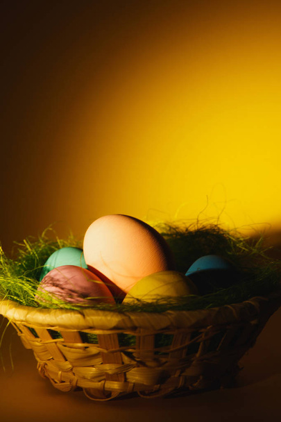 Colorful pastel monophonic traditional painted Easter eggs in basket with green grass on dark yellow background with black shadows, silhouette, light. Copy space for advertisement. With place for text - Φωτογραφία, εικόνα