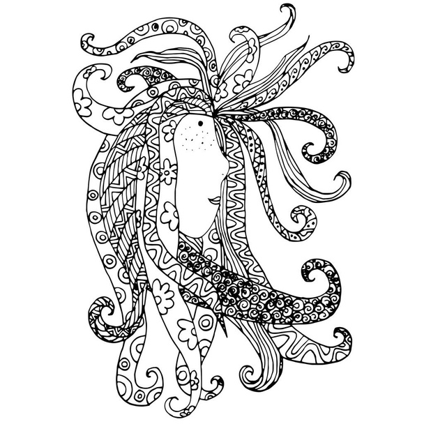 Zentangle stylizované ruky nakreslený portrét dívky s strašlivý černé a bílé ručně kreslenou vektorové skladem ilustrace - Vektor, obrázek