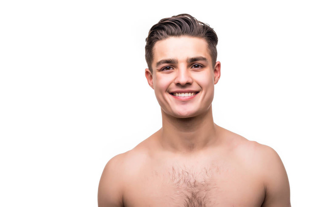 Sexy closeup portrait of handsome topless man isolated on white background - Photo, Image