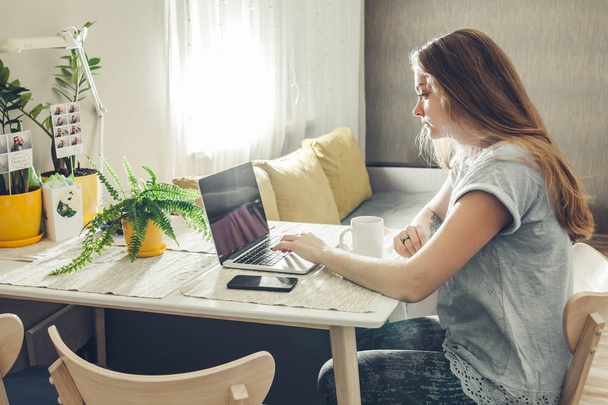 Jovem mulher usando seu laptop na sala de estar
 - Foto, Imagem