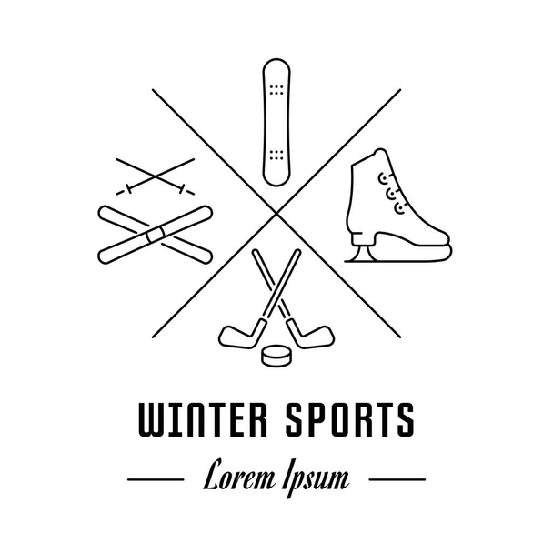 Logo vectorial deportes de invierno. emblema Hipster, etiqueta o bandera para los deportes de invierno. Señal de línea con elementos. Marca conceptual
. - Vector, Imagen