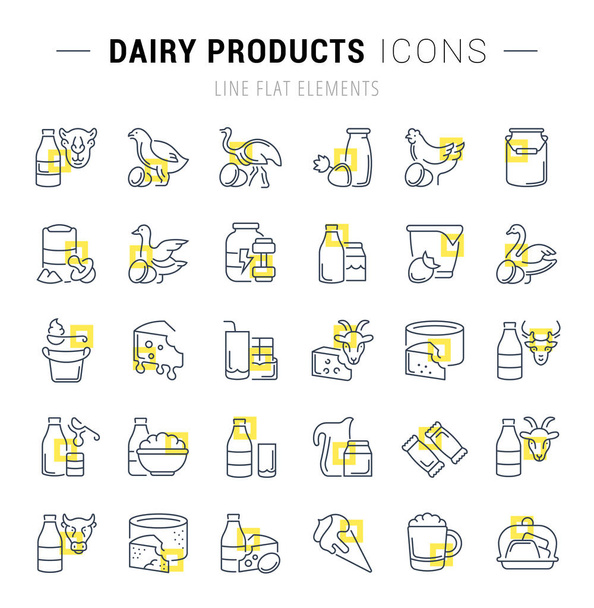 Zestaw wektor linii ikony i znaki żółte kwadraty produktów mleczarskich dla koncepcji Fantastyczny. Kolekcja logo infografiki i piktogramy. - Wektor, obraz
