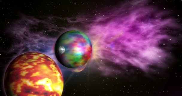 Un vuelo entre exoplanetas en un sistema solar distante con nubes de nebulosas en el fondo. Concepto animación sin fisuras de la exploración espacial
. - Imágenes, Vídeo