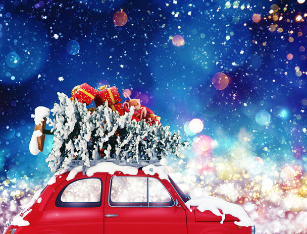 Vintage αυτοκίνητο με Χριστουγεννιάτικο δέντρο και παρουσιάζει με ελαφριά επίδραση νύχτας. 3D rendering - Φωτογραφία, εικόνα