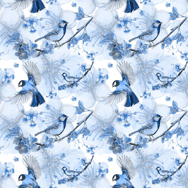 watercolor drawing seamless pattern on the theme of spring, heat, illustration of a bird of a troop of passerine-shaped large tits flying, with open wings, feathers, with yellow breast and blue plumage, hyperrealism, with flowering sakura branches, p - Фото, изображение