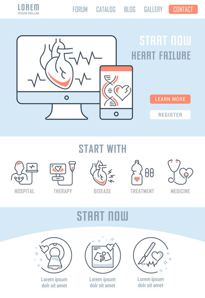 Γραμμή εικονογράφηση της καρδιακής ανεπάρκειας. Αντίληψη για το πανό για το διαδίκτυο και έντυπο υλικό. Πρότυπο με κουμπιά για banner ιστοσελίδα και τη σελίδα προορισμού. - Διάνυσμα, εικόνα