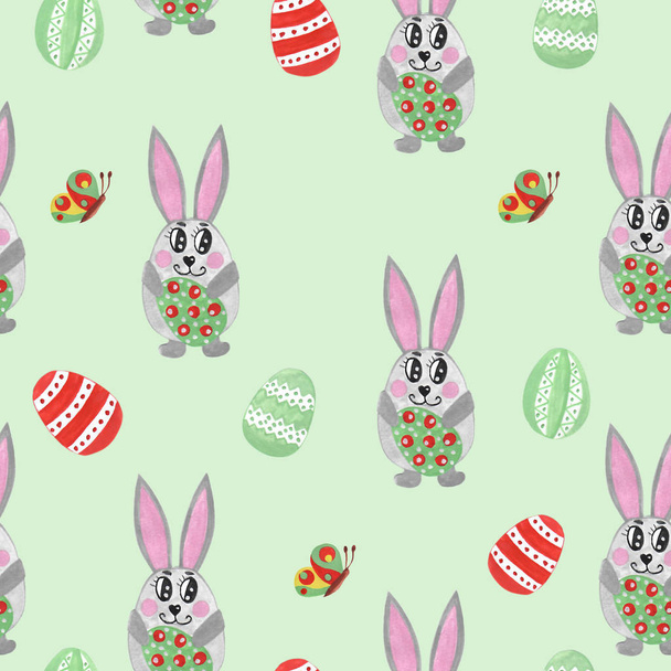 Hand paint watercolor Easter seamless pattern with cute bunny. Seamless pattern with cute rabbit and Easter egg. Watercolor pattern. - Foto, imagen