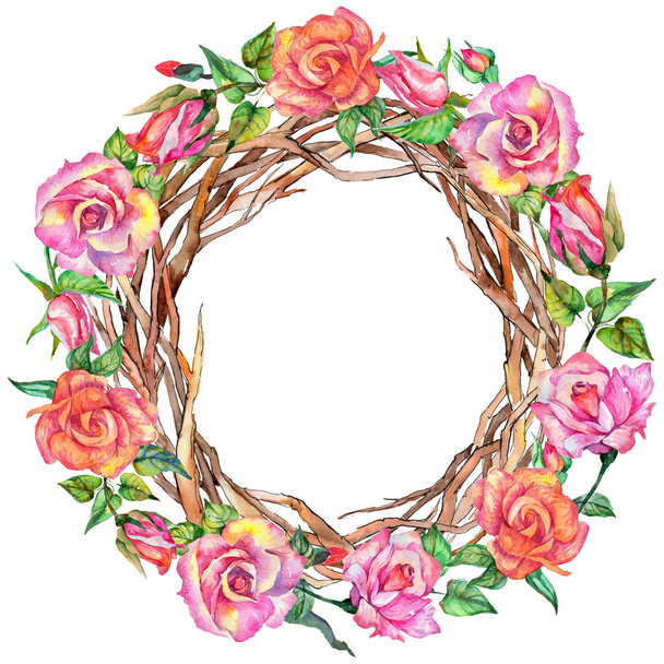 Forest twig branches wreath in a hand drawn watercolor style. - Фото, изображение