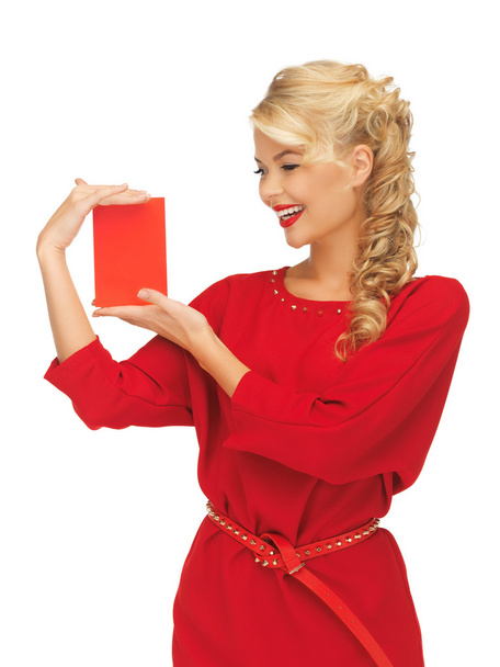 Lovely woman in red dress with note card - Foto, imagen