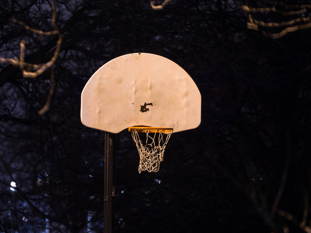 Nachtelijke foto na het donker van een wit metalen basketbal back Board en oranje hoepel RIM en White net in de buurt van Foster Beach in Chicago in de winter met zwarte nacht achtergrond en bomen framing het beeld - Foto, afbeelding