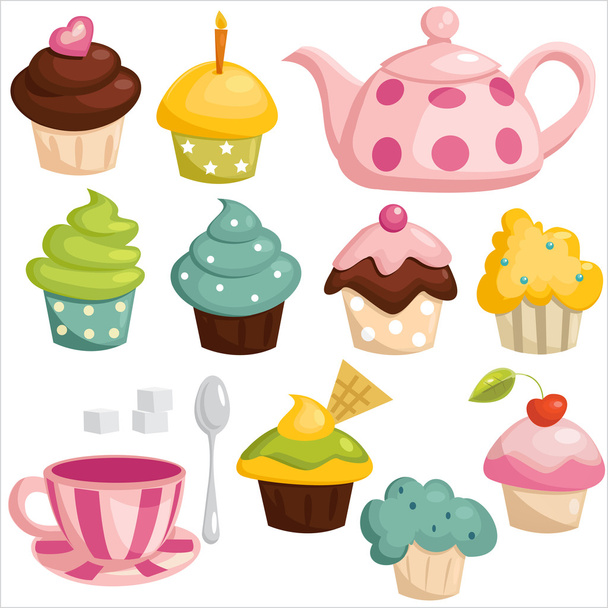 Tea set and cupcakes - Vector, Image