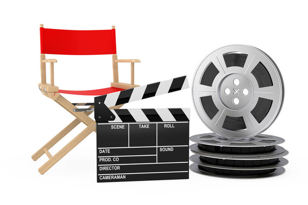 Kino przemysł koncepcja. Czerwone Krzesło reżysera, kino klakier i F - Zdjęcie, obraz