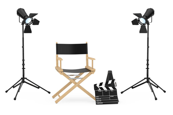 映画業界の概念。監督椅子、映画クラッパーとスポット - 写真・画像