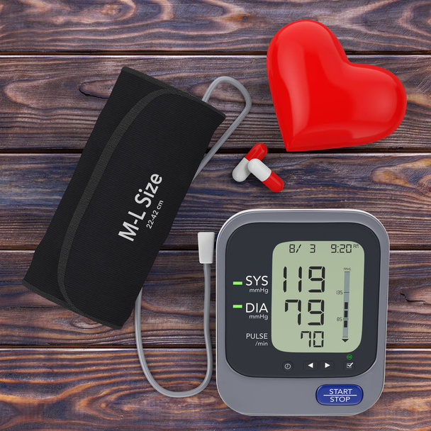 Prášky a červené srdce v blízkosti moderní digitální krevní tlak Measureme - Fotografie, Obrázek
