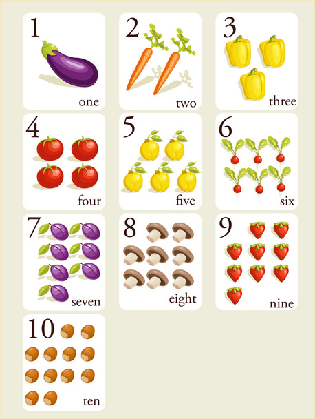 Fruits and vegetables number cards - Vector, Image