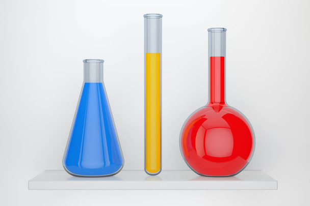 Laboratory Glass Flasks with Chemicals Liquid. 3d Rendering - Photo, Image