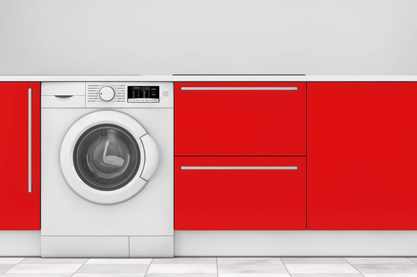 rote moderne Küche mit eingebauter Waschmaschine. 3D-Darstellung - Foto, Bild