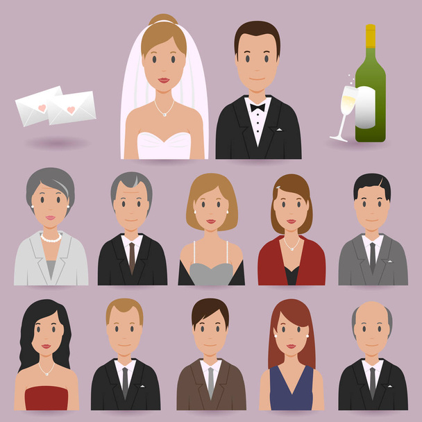 Bride, groom and wedding guests - Вектор,изображение