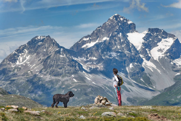 Una chica con su gran perro negro en la montaña se toma en la vista
 - Foto, imagen