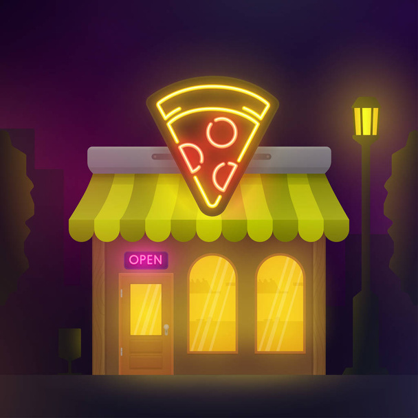 Pizzeria kávézó épület. Éjszakai város. Pizza café Neonfény. Pizza banner, logó, embléma és címke. Neonreklám, könnyű banner. - Vektor, kép