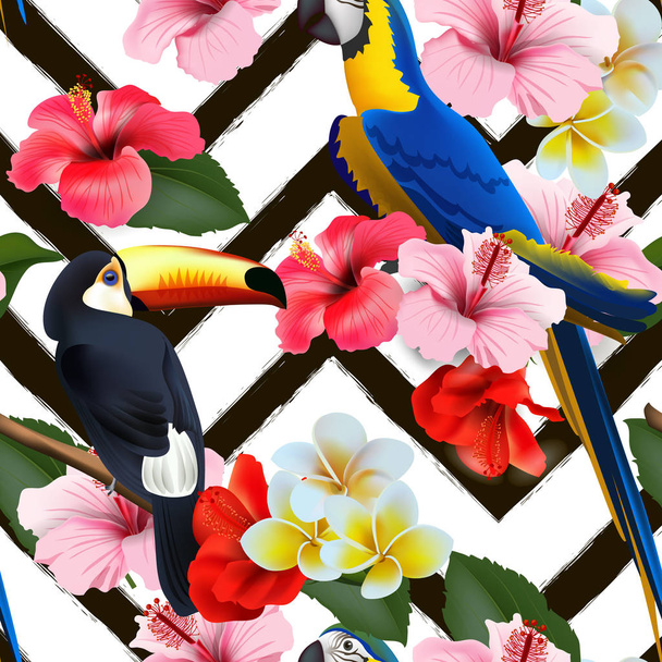 Saumaton kesällä trooppinen tausta trooppisia kukkia ja värikkäitä papukaijoja. Vektoriesimerkki
 - Vektori, kuva
