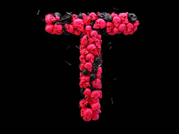 3d representación de la letra del alfabeto T. Calaveras y huesos fuente 3d, de color rosa y negro
  - Foto, imagen