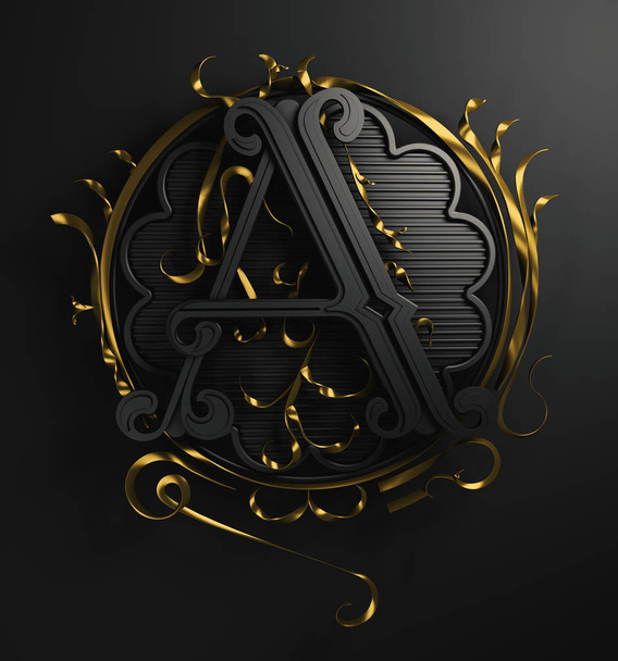 3d Classic capital letter A with decorative ornamental frame. Premium calligraphic label design. Uppercase. Monochrome old-style typography and detailed golden filigree and flourishes on black background.   - Photo, Image