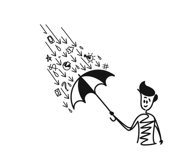 Şemsiye yağmur damlası doodle çizgi film Ha ile altında tutan adam - Vektör, Görsel