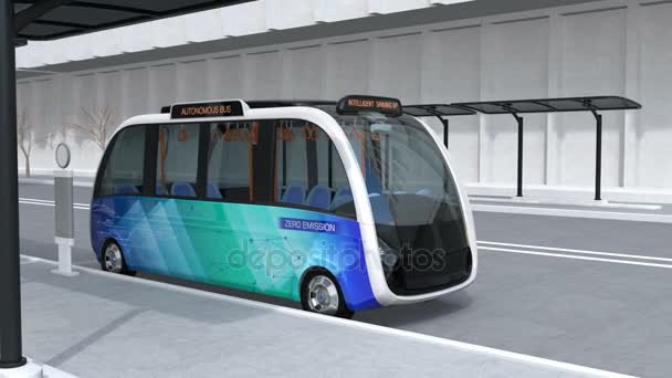 Autonóm shuttle busz autóbusz állomás elhagyása, és egy automata van halad az utcán. 3D megjelenítő animáció. - Felvétel, videó