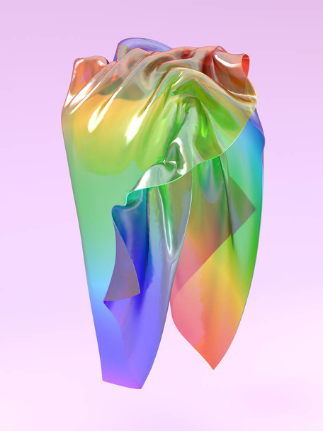 3d representación de colgando tela de arco iris. Material plástico futurista colgando en el aire sobre fondo púrpura
.  - Foto, Imagen