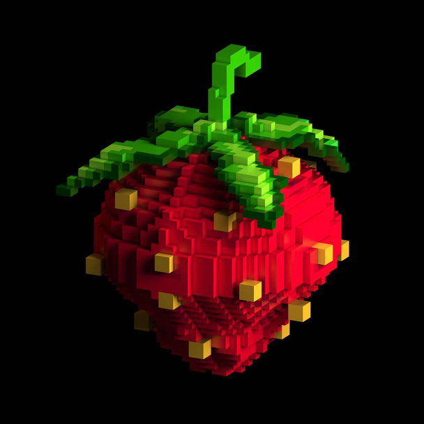 3D vykreslování stylizované jahodníku. Symboly jídlo. Retro styl hry. Pixel umění na černém pozadí. - Fotografie, Obrázek