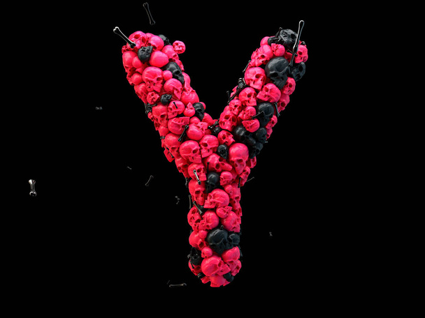 3d representación de la letra del alfabeto Y. Calaveras y huesos fuente 3d, de color rosa y negro
  - Foto, imagen