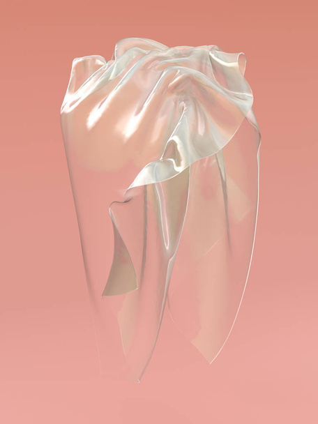 3D-weergave van loshangende cellofaan textiel. Futuristische transparant kunststof opknoping in de lucht op roze achtergrond. - Foto, afbeelding