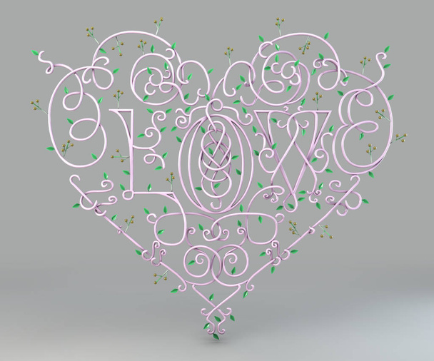 Ornate heart with handmade calligraphy. Text "love". Decorative curls  heart-shaped element on black background. - Photo, Image