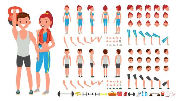 Fitness Girl, Man Vector. Animated Sport Male, Female Character Creation Set. Full Length, Front, Side, Back View, Accessories, Poses, Face Emotions, Gestures. Isolated Flat Cartoon Illustration - Vector, Image