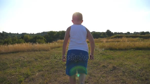 Sen jälkeen, kun nuori poika juoksi vihreällä nurmella aurinkoisena päivänä. Lapsi hölkkää nurmikolla ulkona. Onnellinen hymyilevä poika pitää hauskaa luonnossa kesäniityllä. Hidastettu peruutusnäkymä
 - Materiaali, video