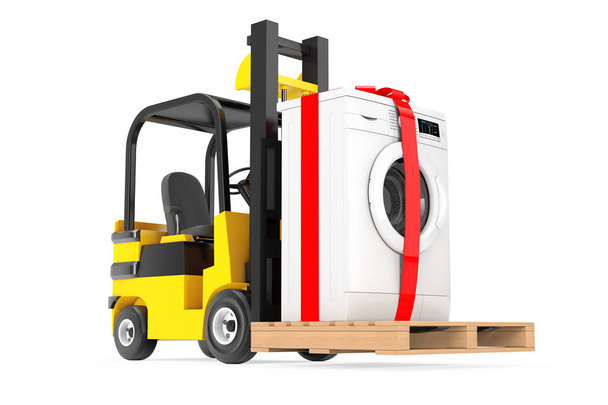 Forklift Truck moves Modern Washing Machine with Ribbon and Bow  - Photo, Image