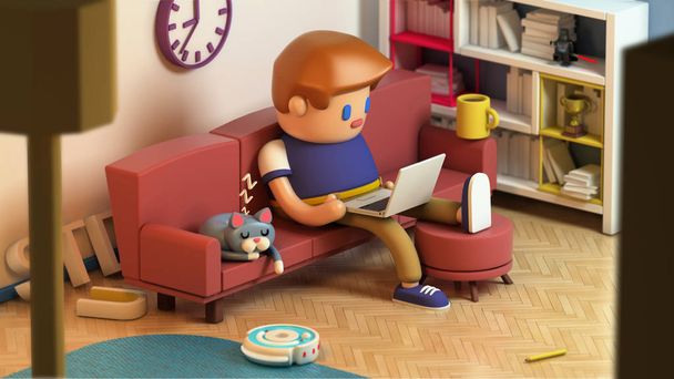 3d renderização de homem jovem sentado em um sofá e trabalhando no computador portátil em casa. Bonito espaço de trabalho. Um gato a dormir num sofá. Desenhos animados estilizados
. - Foto, Imagem